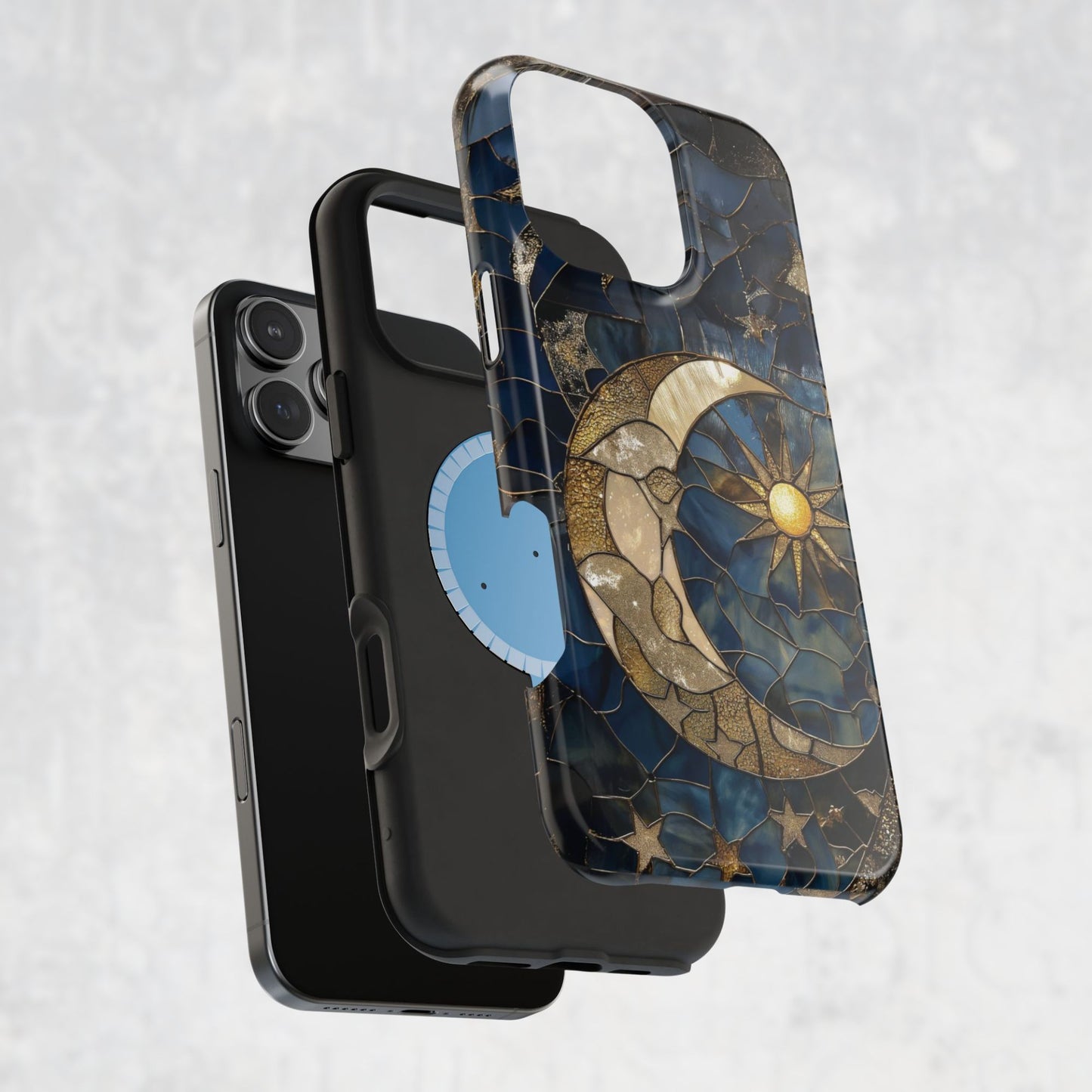 Celestial Moon and Stars MagSafe Phone Case – Faux Stained Glass Starry Night Sky Art for iPhone 16, 15, 14, 13