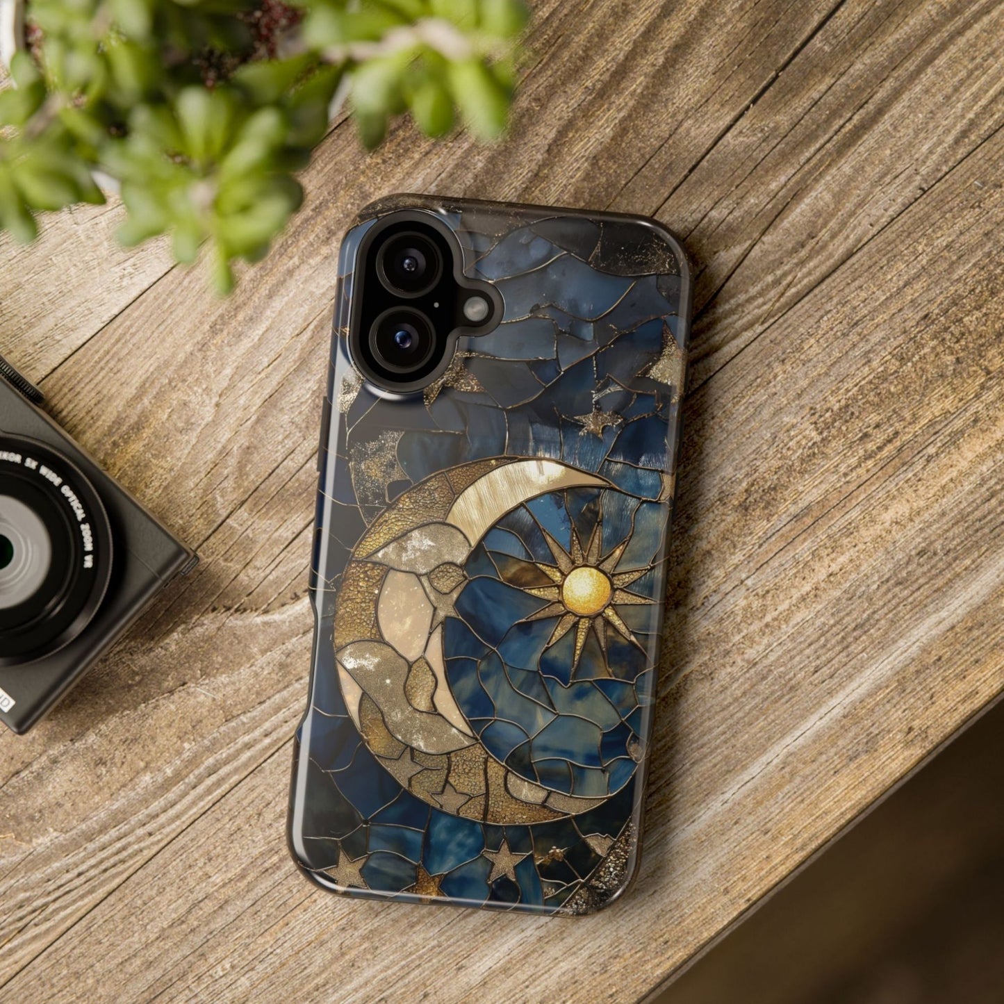 Celestial Moon and Stars MagSafe Phone Case – Faux Stained Glass Starry Night Sky Art for iPhone 16, 15, 14, 13