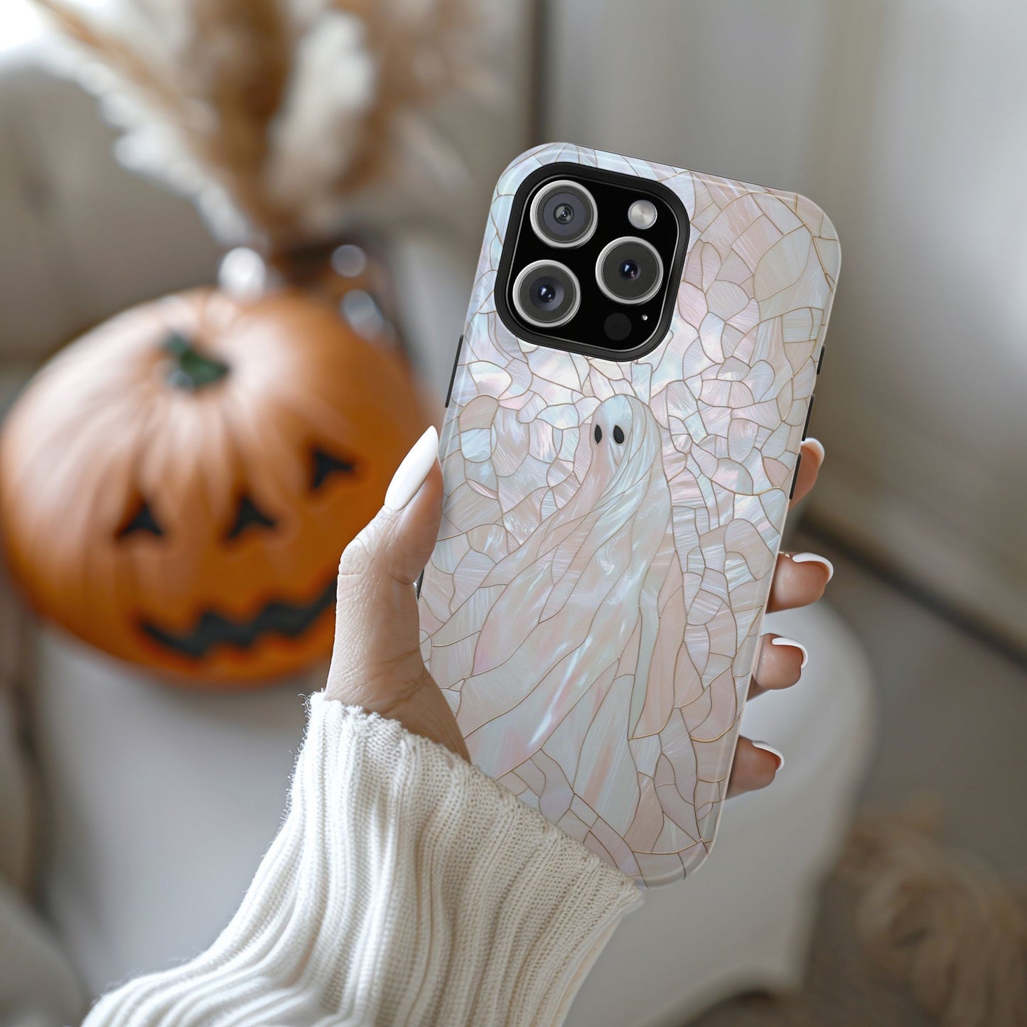 Spooky Ghost MagSafe Compatible Faux Stained Glass Pastel iPhone Case (iPhone 13–15)
