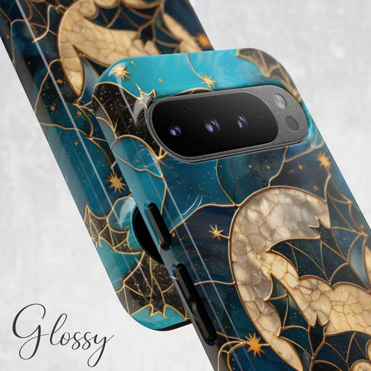 Celestial Bats Faux Stained Glass Halloween Phone Case – Spooky Moon & Stars Cover for iPhone, Galaxy, Pixel