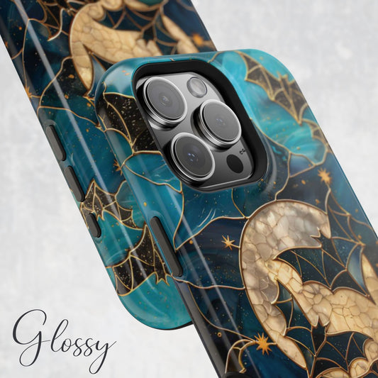 Celestial Bats MagSafe Compatible iPhone Case · Faux Stained Glass Gothic Halloween Cover (iPhone 13–15)