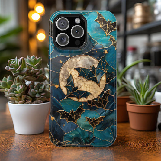 Celestial Bats MagSafe Compatible iPhone Case · Faux Stained Glass Gothic Halloween Cover (iPhone 13–15)