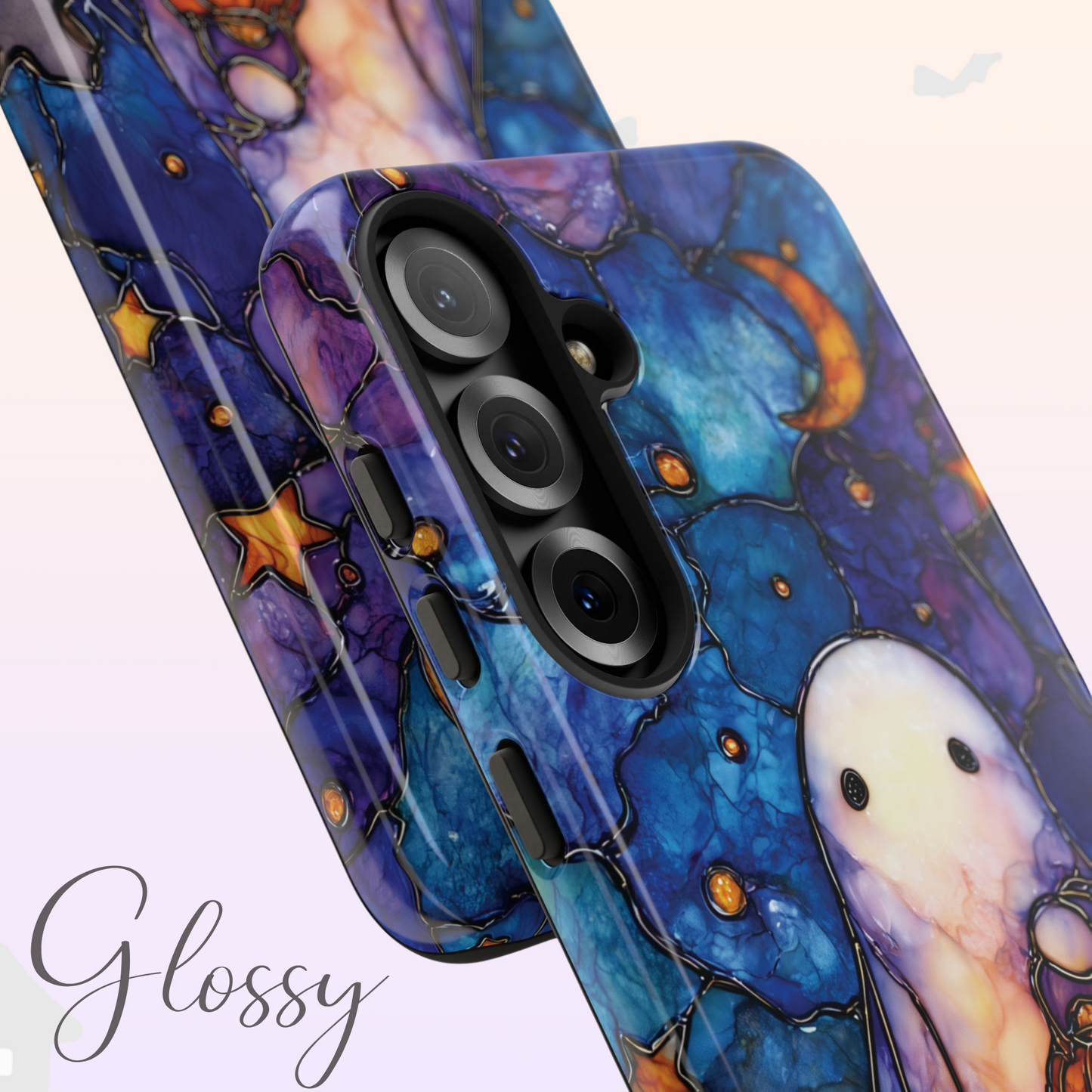 Spooky Ghost Phone Case Halloween Faux Stained Glass | Cute Pumpkin Starry Night Sky  for iPhone Galaxy Pixel | Fall Ghostcore Moon & Stars