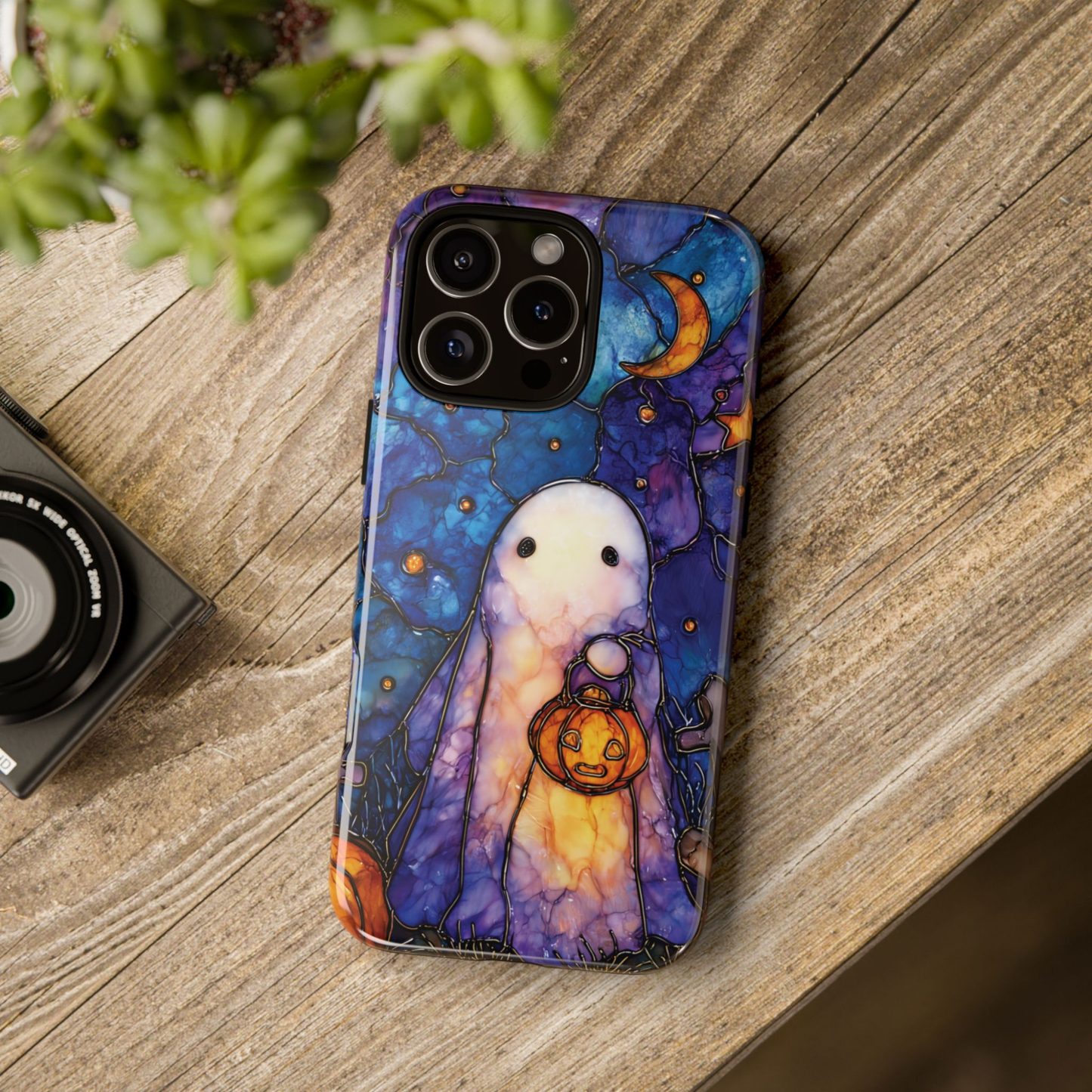 Spooky Ghost Phone Case Halloween Faux Stained Glass | Cute Pumpkin Starry Night Sky  for iPhone Galaxy Pixel | Fall Ghostcore Moon & Stars