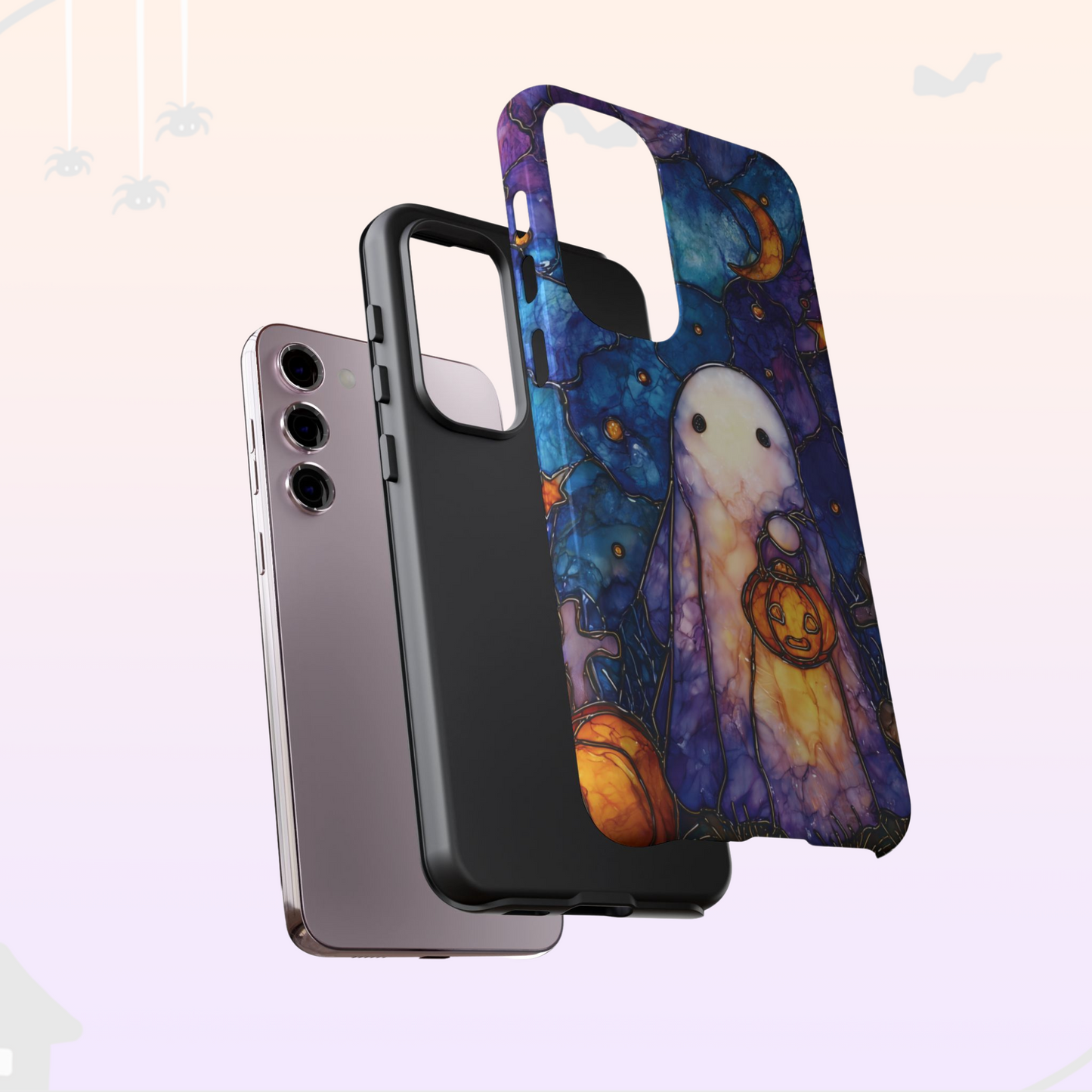Spooky Ghost Phone Case Halloween Faux Stained Glass | Cute Pumpkin Starry Night Sky  for iPhone Galaxy Pixel | Fall Ghostcore Moon & Stars