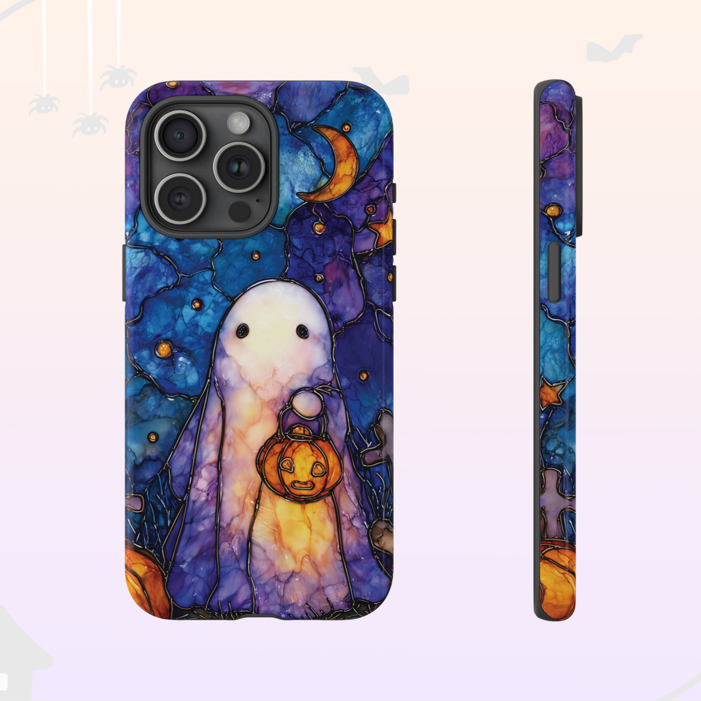 Spooky Ghost Phone Case Halloween Faux Stained Glass | Cute Pumpkin Starry Night Sky  for iPhone Galaxy Pixel | Fall Ghostcore Moon & Stars