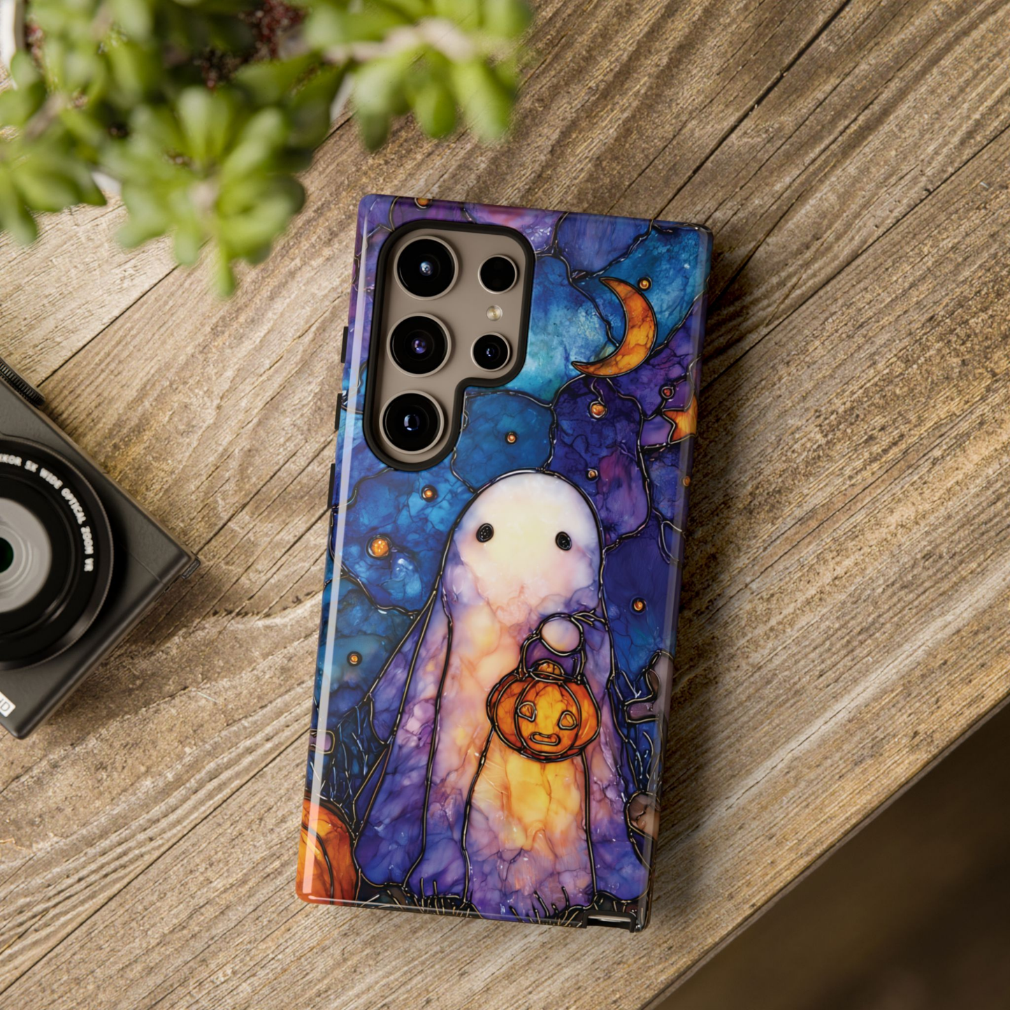 Spooky Ghost Phone Case Halloween Faux Stained Glass | Cute Pumpkin Starry Night Sky  for iPhone Galaxy Pixel | Fall Ghostcore Moon & Stars
