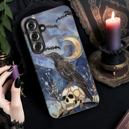Raven Skull Phone Case for iPhone, Galaxy & Pixel – Gothic Crow & Moon Art Witchy