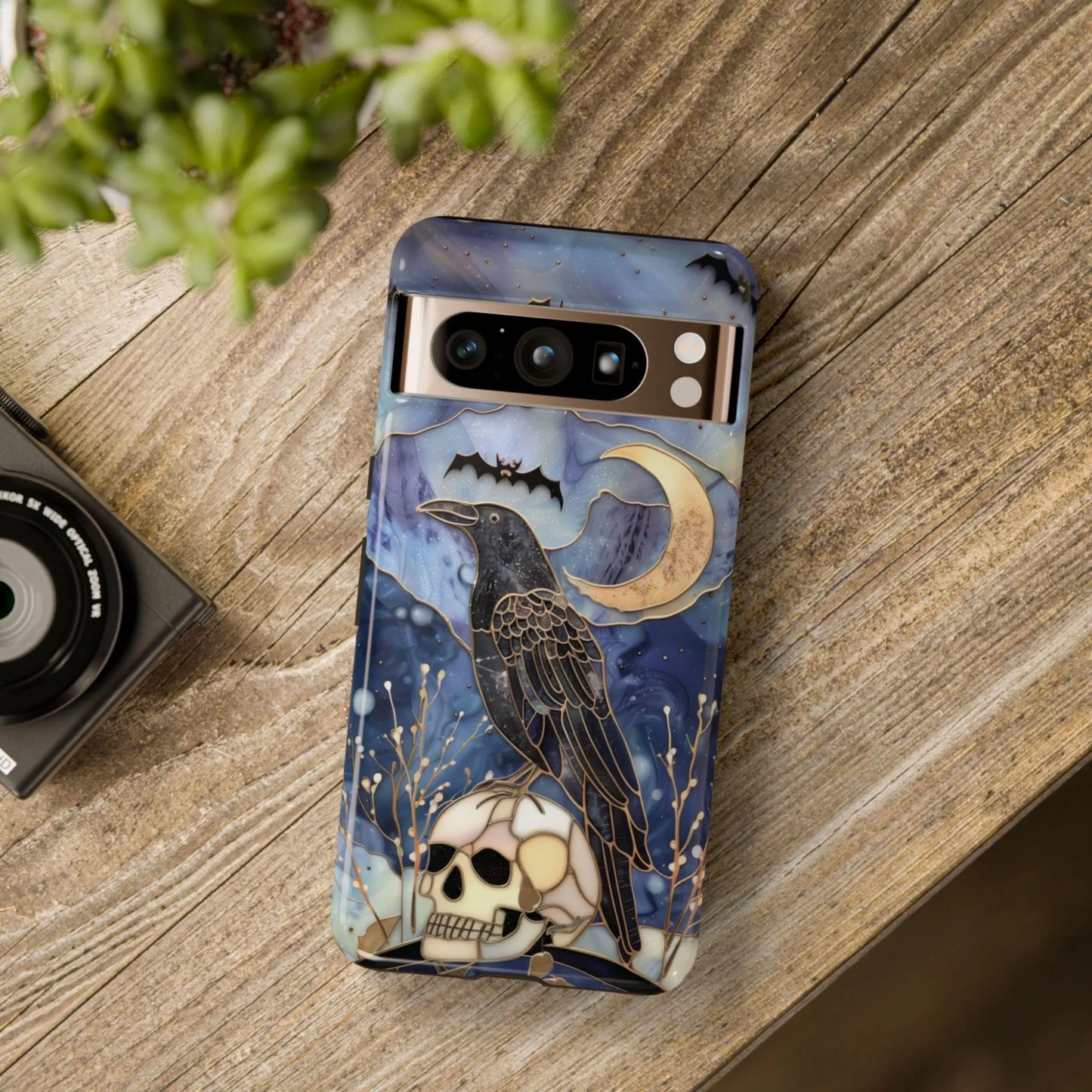Raven Skull Phone Case for iPhone, Galaxy & Pixel – Gothic Crow & Moon Art Witchy