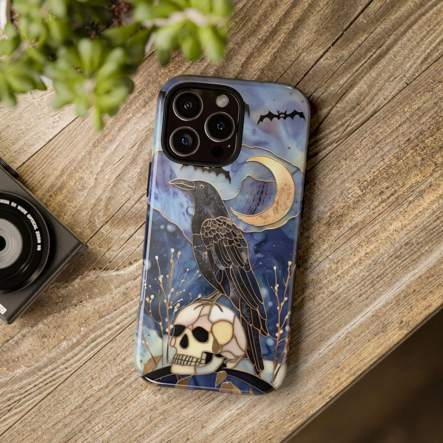 Raven Skull Phone Case for iPhone, Galaxy & Pixel – Gothic Crow & Moon Art Witchy