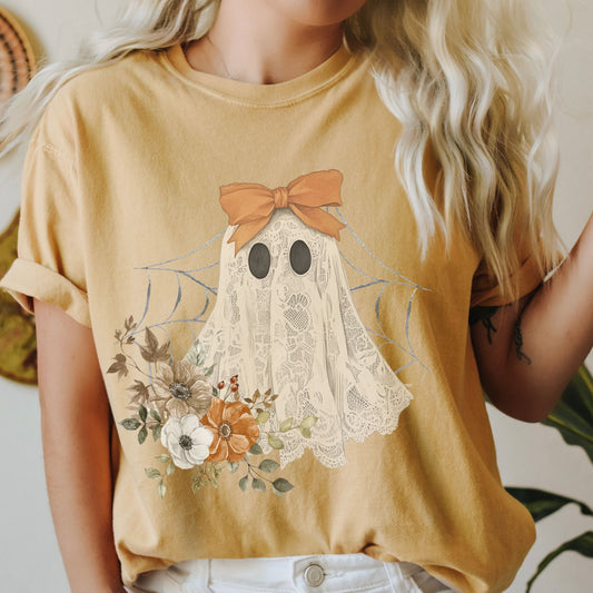 Cute Spooky Coquette Ghost Shirt – Lace Ghost Tee with Bow | Comfort Colors®
