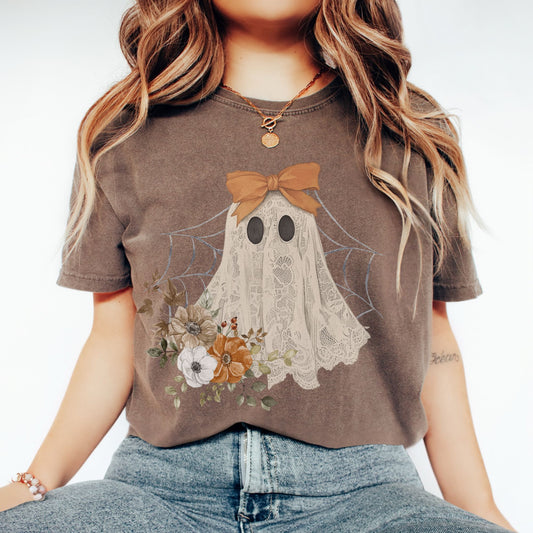 Cute Spooky Coquette Ghost Shirt – Lace Ghost Tee with Bow | Comfort Colors®