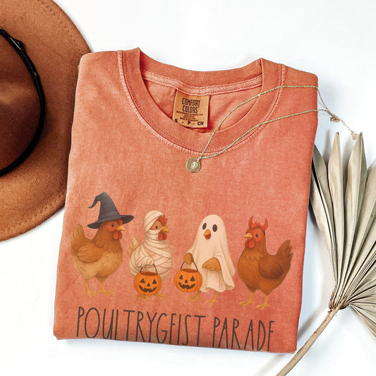 Funny Halloween Chicken T-Shirt for Women – Poultrygeist Parade Shirt – Spooky Fall Tee on Comfort Colors®