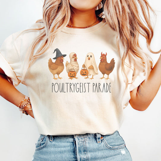 Funny Halloween Chicken T-Shirt for Women – Spooky Fall Tee on Comfort Colors® – Poultrygeist Parade Shirt