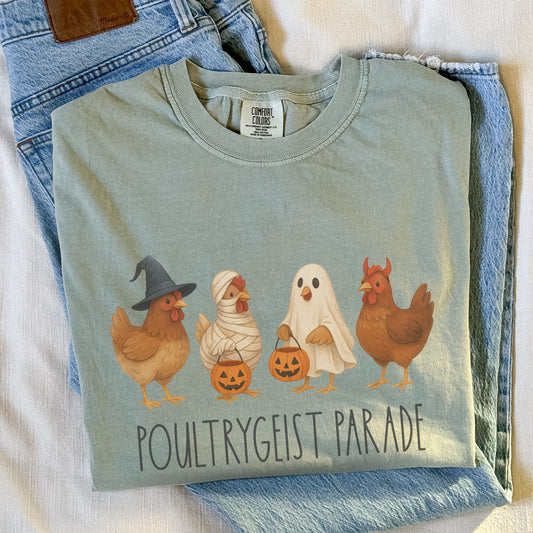 Funny Halloween Chicken T-Shirt for Women – Spooky Fall Tee on Comfort Colors® – Poultrygeist Parade Shirt