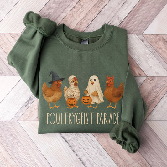 Funny Chicken Halloween Pullover – Poultrygeist Parade Sweatshirt –