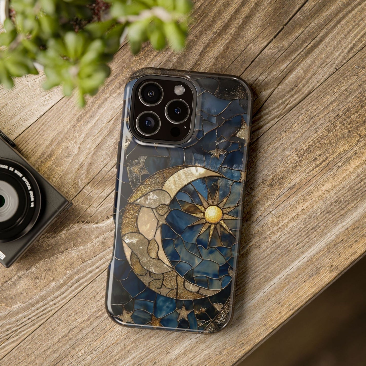 Celestial Moon and Stars MagSafe Phone Case – Faux Stained Glass Starry Night Sky Art for iPhone 16, 15, 14, 13
