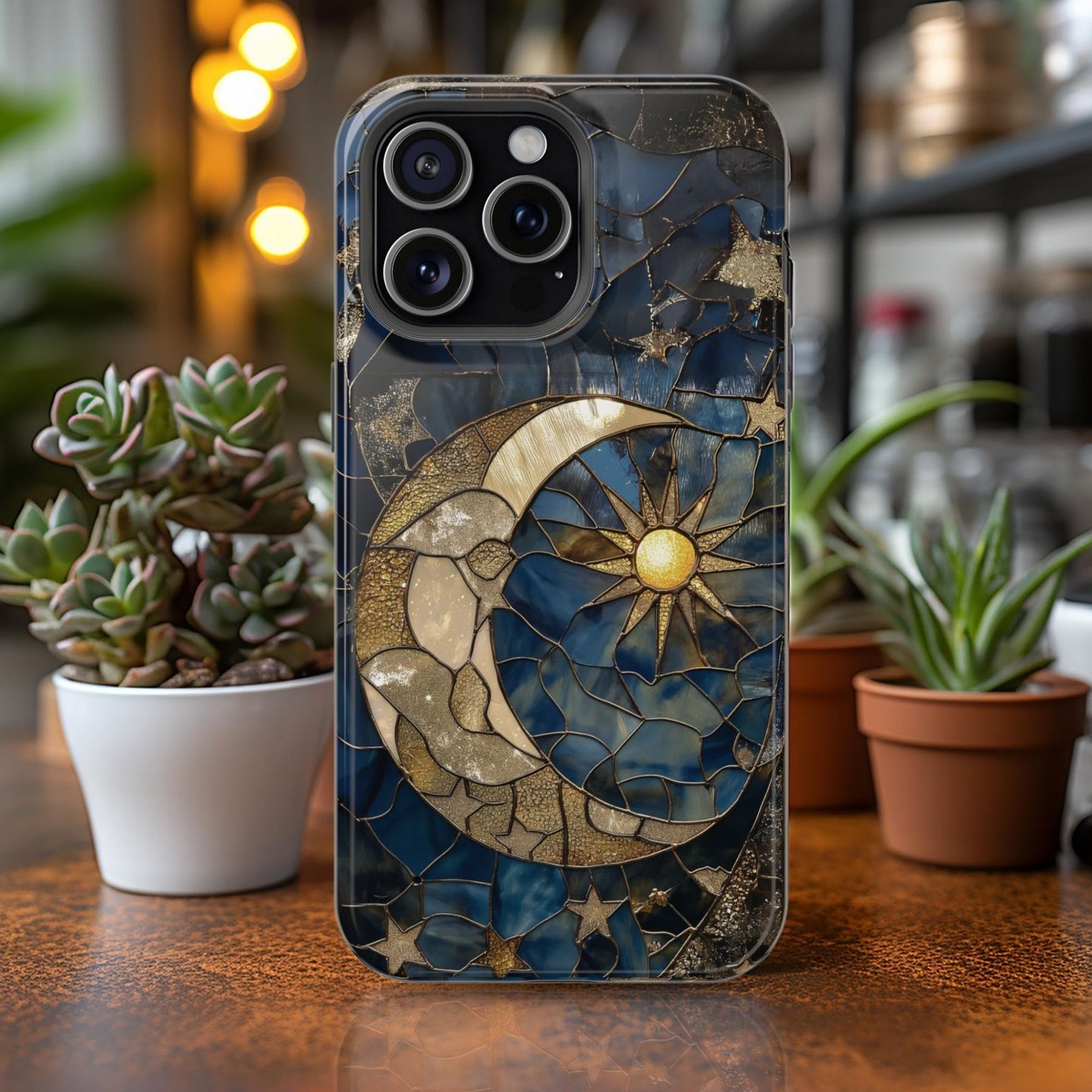 Celestial Moon and Stars MagSafe Phone Case – Faux Stained Glass Starry Night Sky Art for iPhone 16, 15, 14, 13