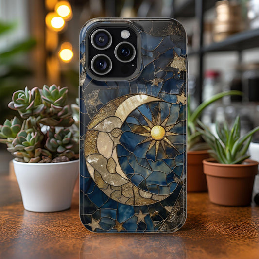 Celestial Moon and Stars MagSafe Phone Case – Faux Stained Glass Starry Night Sky Art for iPhone 16, 15, 14, 13